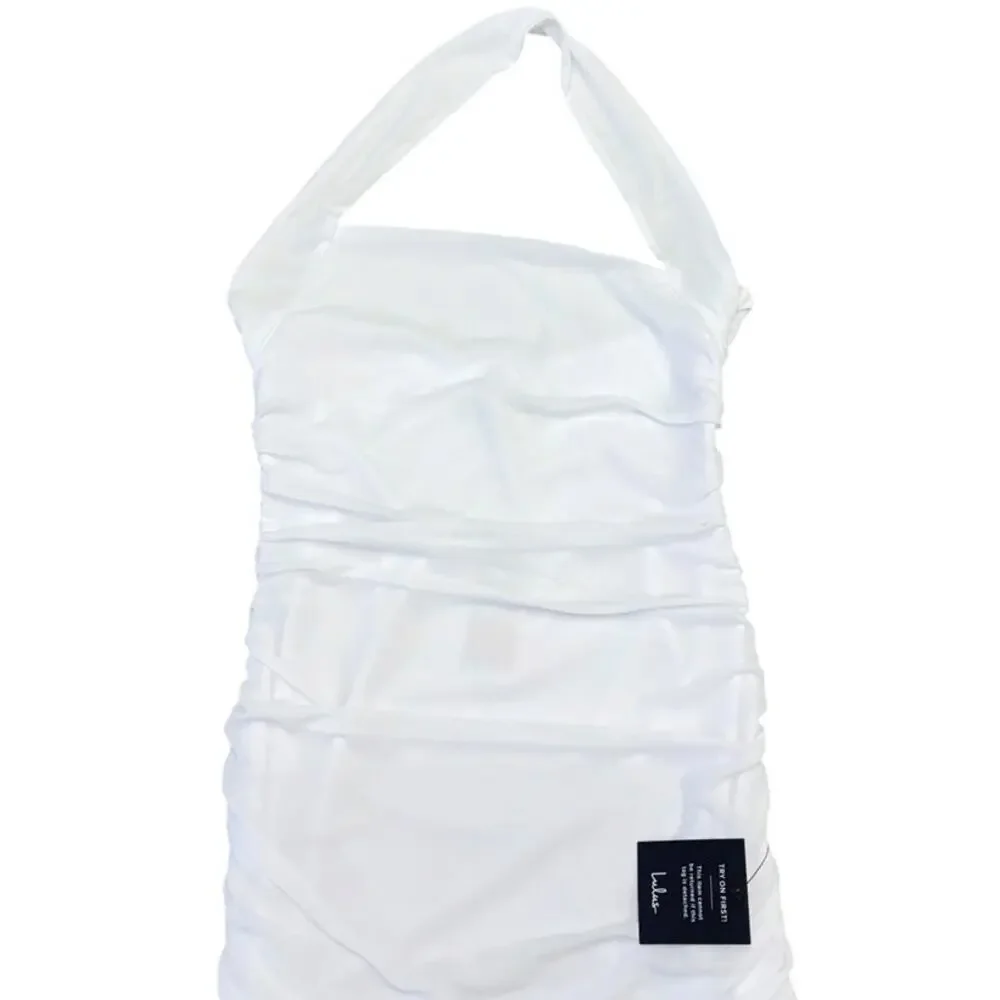 Lulus Attractive Radiance White Mesh Ruched Halter Mini Dress size L